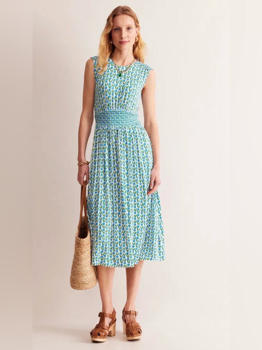 Thea Sleeveless Midi Dress-Green Tambourine, Daisies